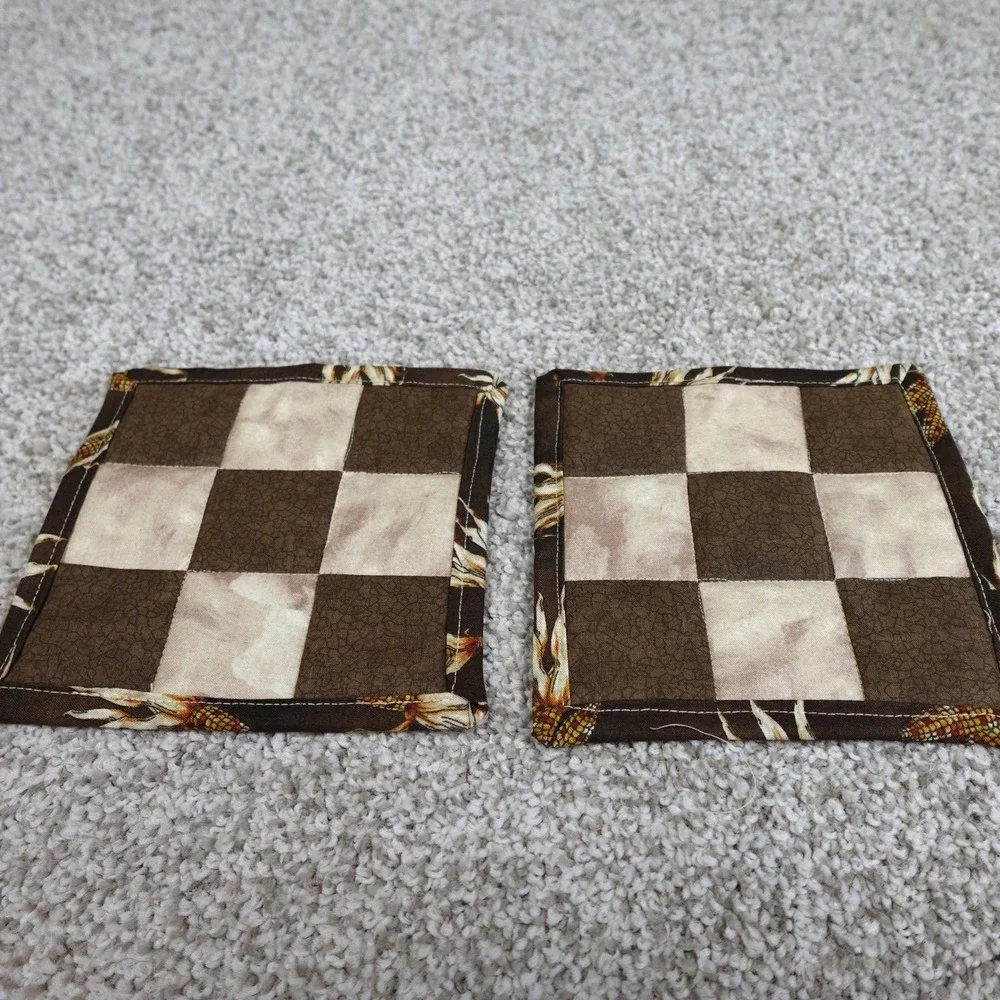 Handmade Brown Quilted 9 Patch Mug Rug Coasters Set of 2 Corn Harvest 6x6